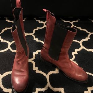 Leather distressed red boots…height is mid shin.